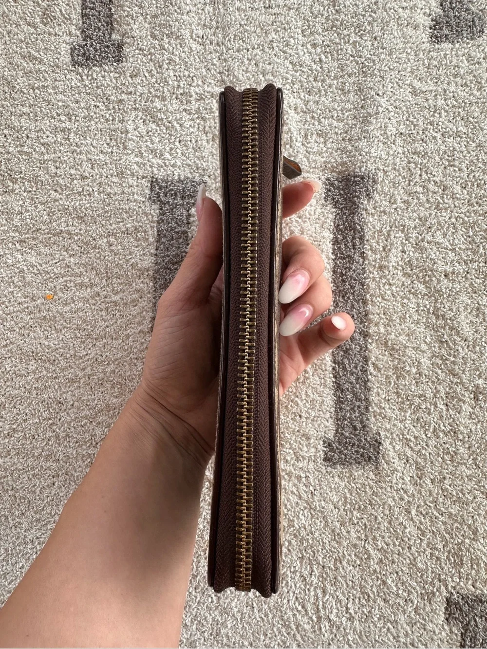 Coach Brown Signature Zip-Around Wallet with Dark Brown Stripe